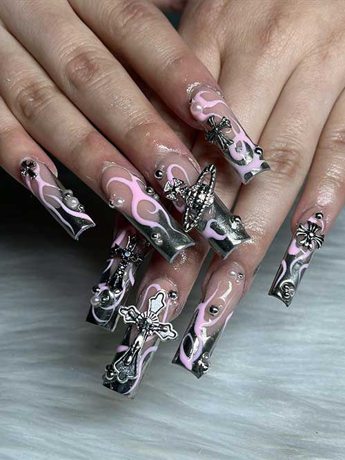 Long square-shaped futuristic y2k nails feature chrome French tip nails with pink tribal lines