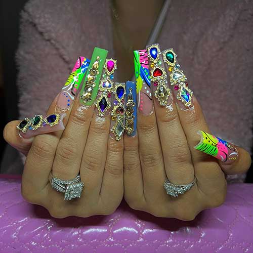 Long square shaped rhinestone y2k nails