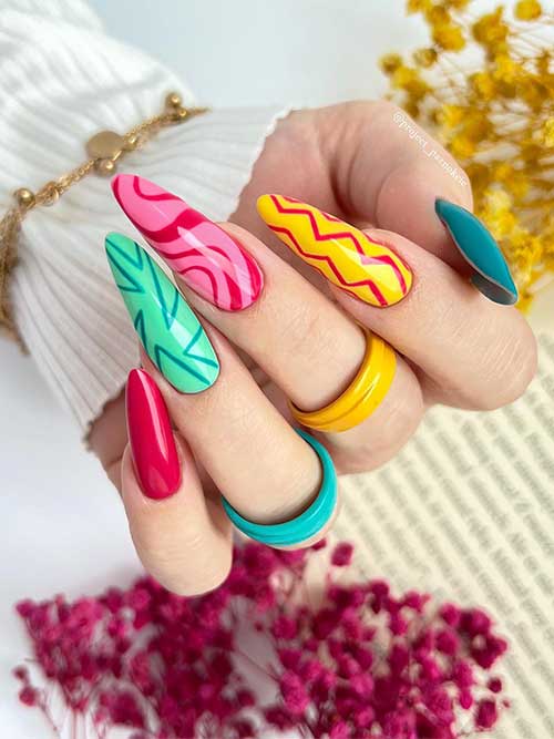 Multicolored Bright Summer Nails with Line Nail Art Such as Squiggly Lines and Waves
