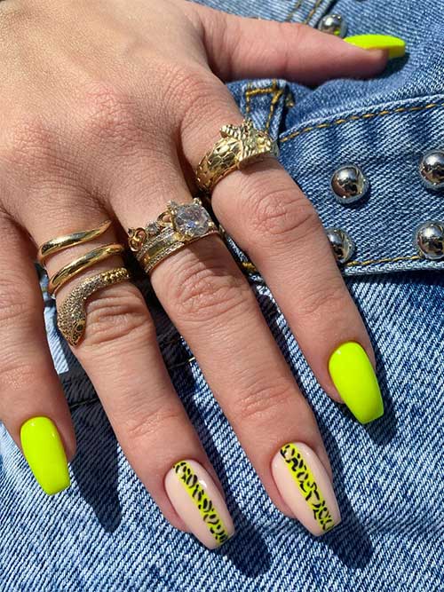 Short Coffin Neon Yellow Nails with Leopard Print Stripes On Two Nude Accent Nails