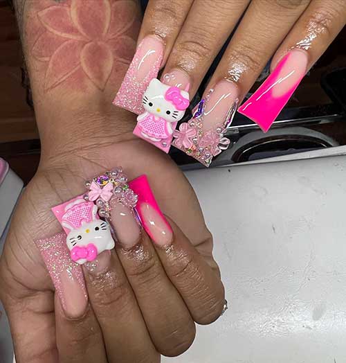 Long French Hello Kitty Y2K Nails with glitter