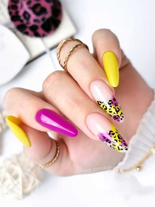 Long almond bright neon yellow and violet nails with leopard prints on two accent French tips