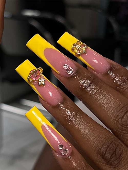 Long coffin bright yellow French tip nails with rhinestones for summer 2023