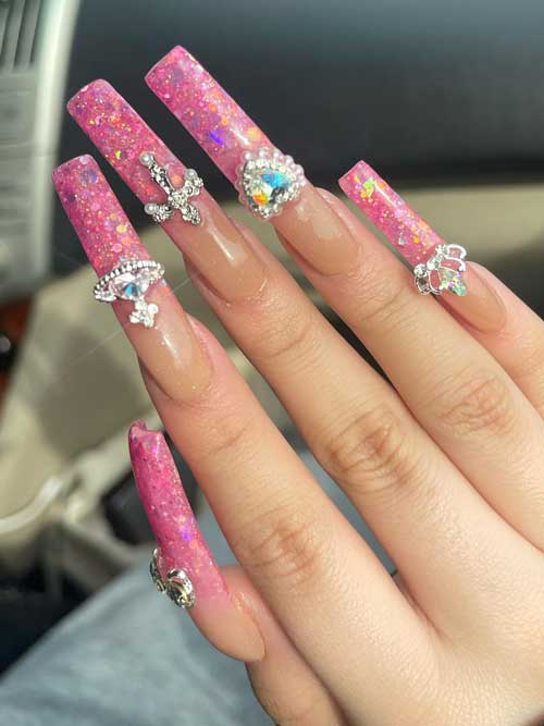 Long square shaped pink glitter French Tip y2k nails with rhinestones