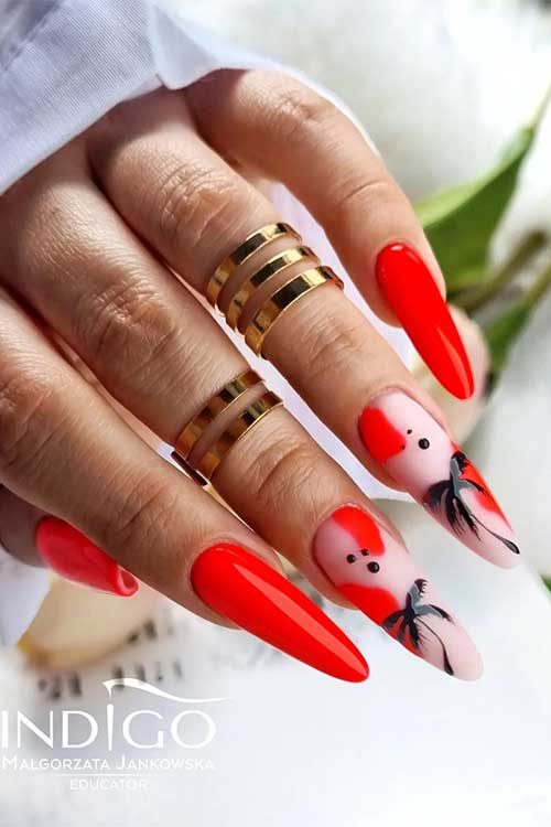 Long almond Neon red with palm tree nails for summer 2023