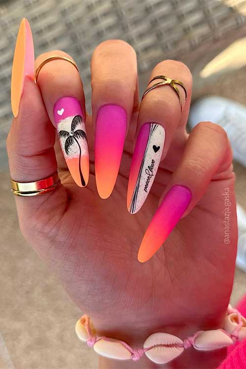 Long almond matte orange and pink ombre palm tree nails for summer 2023