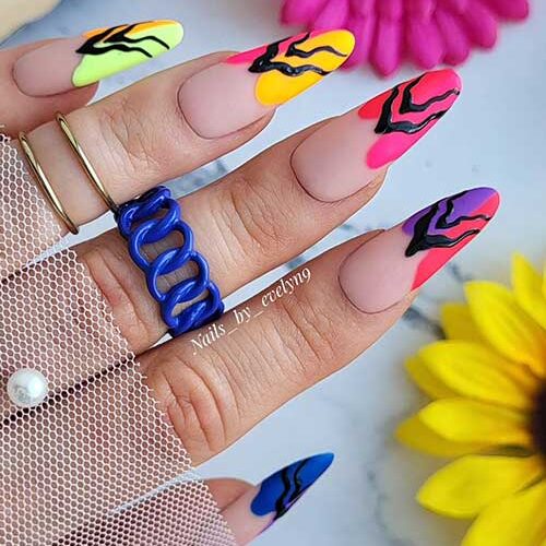 Long almond multicolored abstract French neon nails are one of the cutest neon nails ideas