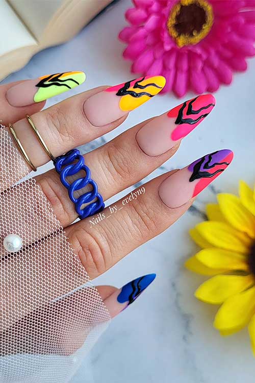 Long almond multicolored abstract French neon nails are one of the cutest neon nail ideas