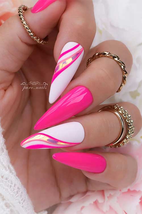 Long almond shaped hot pink nails with swirls on two off-white accent nails with gold chrome between swirls Long almond shaped hot pink nails with swirls on two off-white accent nails with gold chrome between swirls