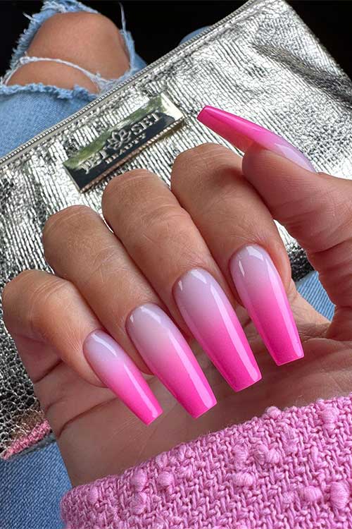 Long coffin Pink ombre nails are a great way to create a Barbie-inspired look Long coffin Pink ombre nails are a great way to create a Barbie-inspired look