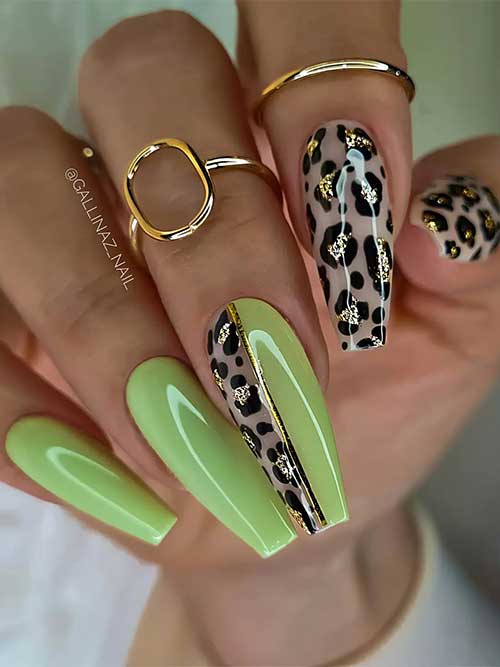 Long coffin light green nails and leopard prints with gold foil over nude base color