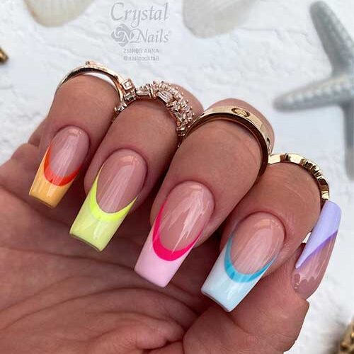 Long coffin pastel multicolored double Summer French tip nails