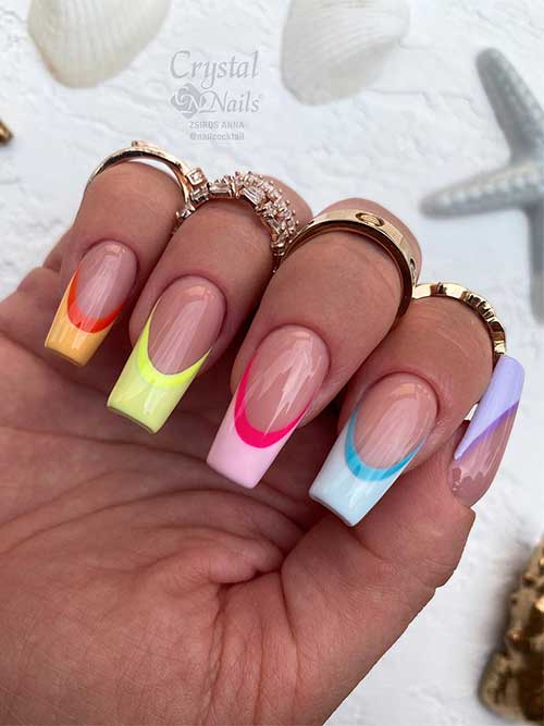 Long coffin pastel multicolored double Summer French tip nails Long coffin pastel multicolored double Summer French tip nails