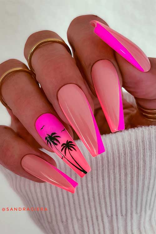 Long coffin pink and orange V shape French tip nails with black palm trees