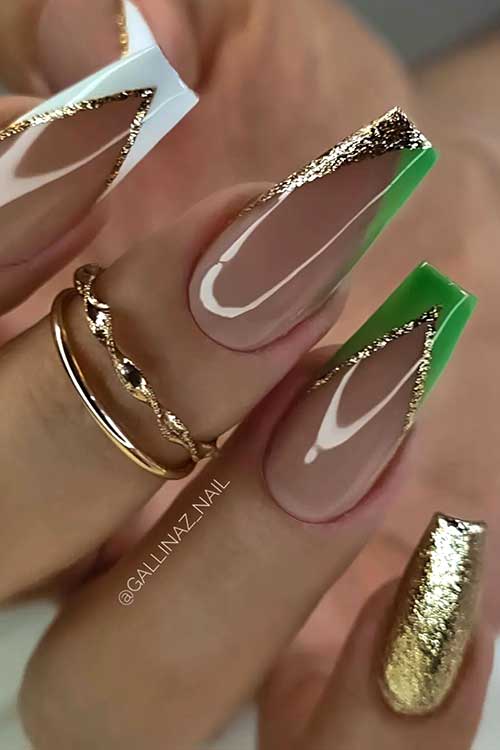 Long coffin white green and gold glitter v cut summer French tip nails