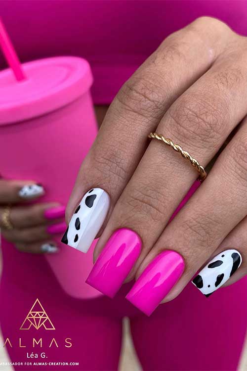 Long square pink and white cow print nails are perfect animal print nails