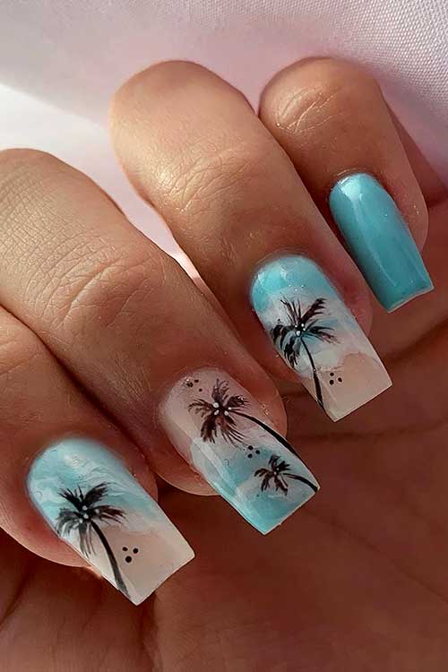 Long square shaped Ocean blue summer nails with sand and palm trees