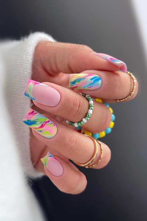 Long square shaped colorful marble effect summer French tip nails