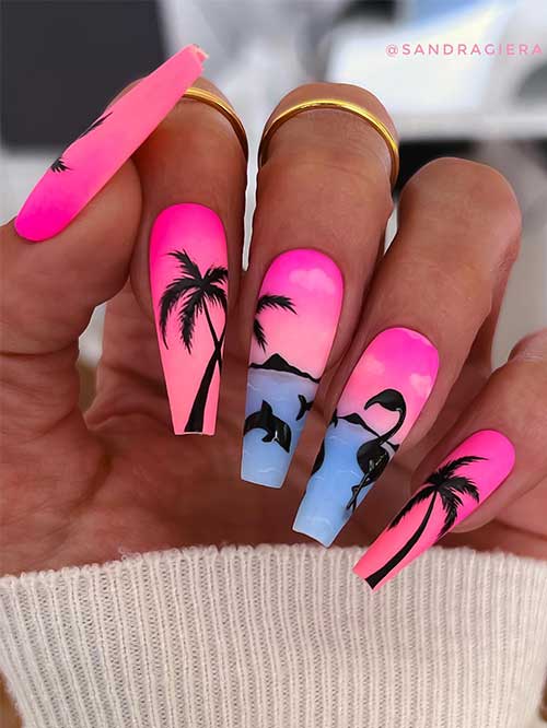 Matte Long Coffin Pink and Blue Sunset Summer Nails with Palm Trees, Sea, Dolphin, and Swan