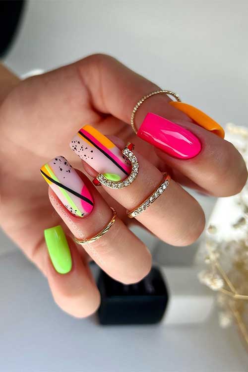 Medium square shaped multicolored neon nails with geometric and abstract nail art on accents