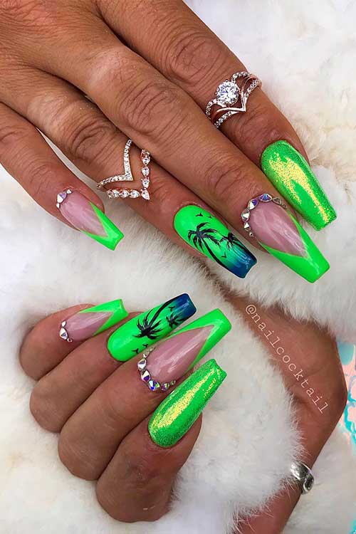 Neon green coffin nails with French tips, rhinestones, and black palm trees