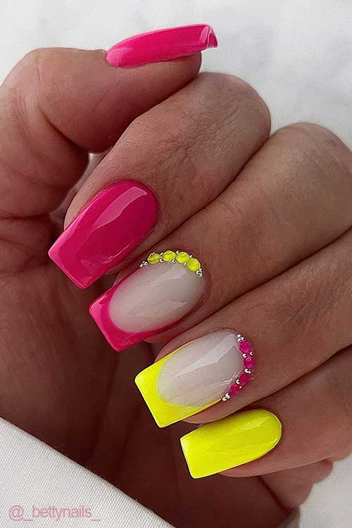 Short Pink and Yellow Neon Nails with Rhinestones on Accent French Tips
