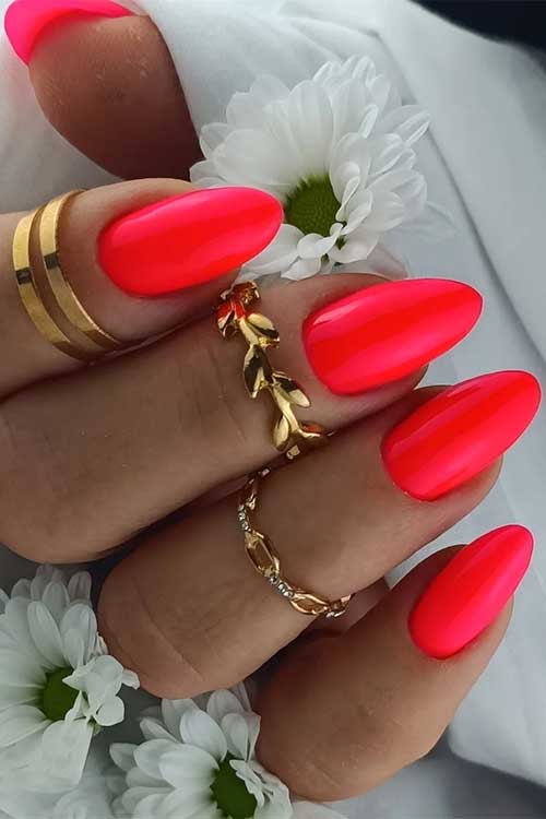 Short Pink Neon Nails Almond Shape