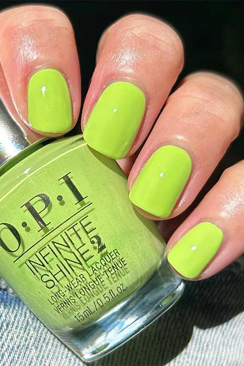 Short bright green nails using OPI summer Monday Fridays from OPI summer make the rules collection 