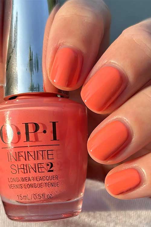 Short coral nails using Flex on the Beach from the OPI summer Make the Rules collection Short coral nails using Flex on the Beach from the OPI summer Make the Rules collection