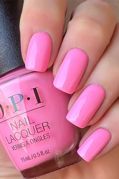 Short square shaped bubblegum pink nails using OPI I Quit My Day Job