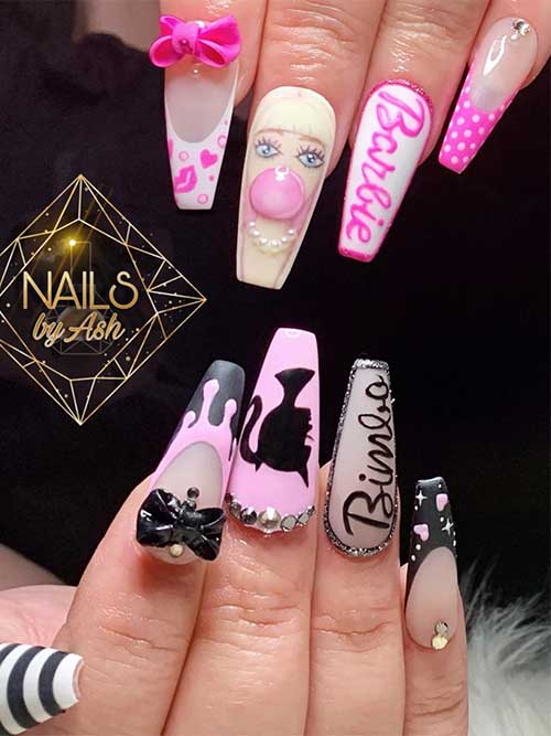 Long Coffin-Shaped Barbie Dolls on French Nails with polka dots, heart shapes, and rhinestones Long Coffin-Shaped Barbie Dolls on French Nails with polka dots, heart shapes, and rhinestones