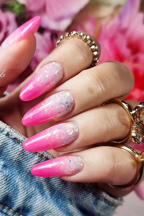 Long almond shaped glitter Barbie ombre pink nails Long almond shaped glitter Barbie ombre pink nails