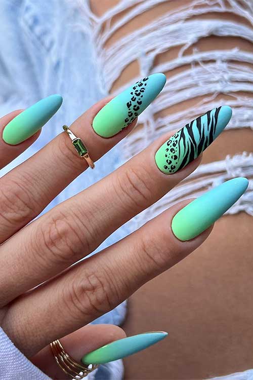 Long almond shaped matte mint green baby blue ombre nails with leopard and zebra prints on two accent nails Long almond shaped matte mint green baby blue ombre nails with leopard and zebra prints on two accent nails