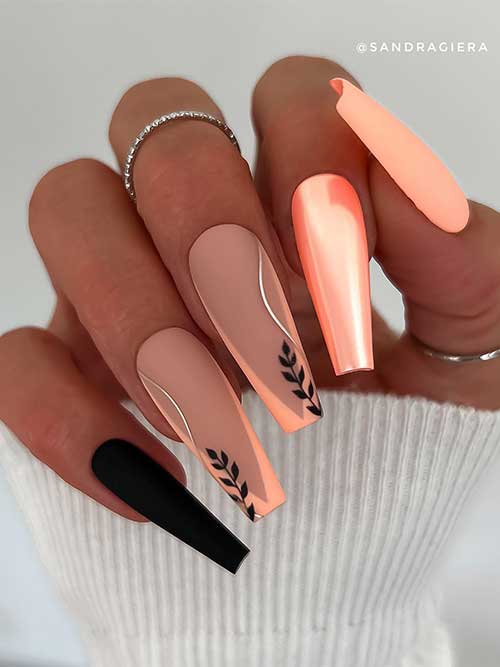 Long coffin matte Peach gorgeous nails with black leaf nail art, a black accent nail, and a chrome peach accent nail