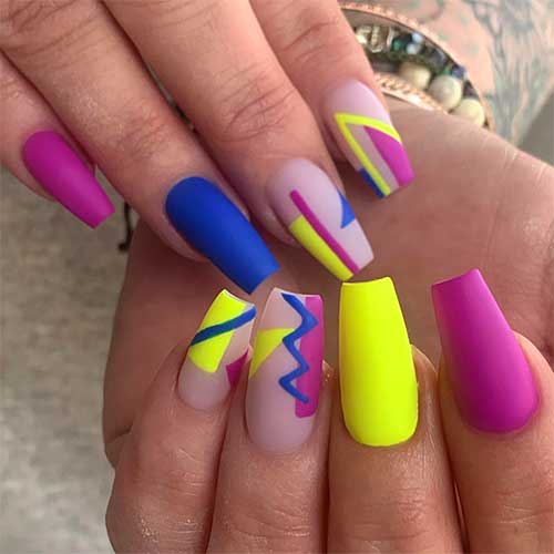 Long coffin matte blue purple yellow neon nails with geometric nail art on accent nails