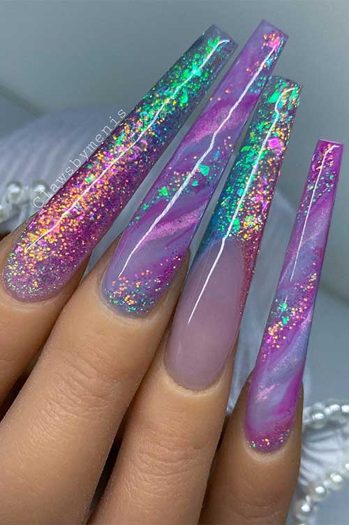 Long coffin purple marble fairy nails with different pre-mixed glitter and fairy dust