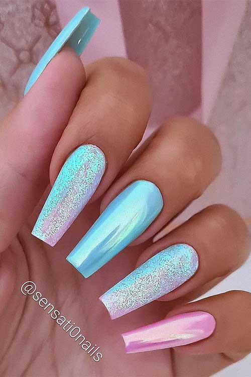 Long coffin shaped blue and pink Barbie nails with glitter and chrome effect Long coffin shaped blue and pink Barbie nails with glitter and chrome effect