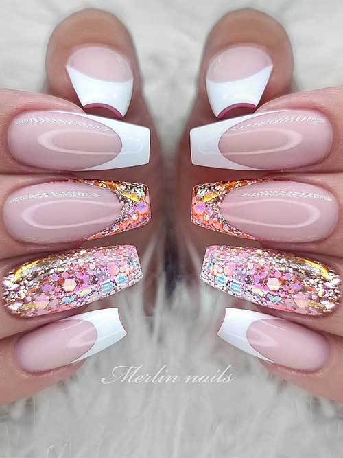 Long white coffin French tip nails adorned with multicolored glitter on two accent nails