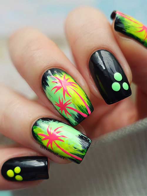 Medium black nails with tropical palm trees