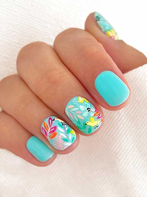 Short turquoise tropical august nails
