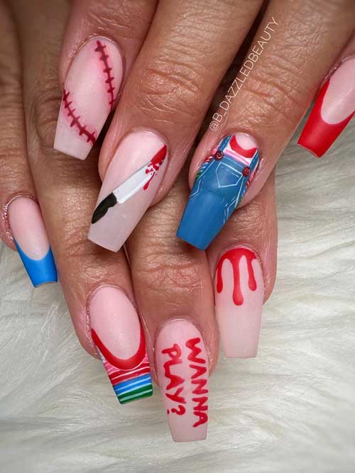 CHUCKY Nails with blue and red French tip accent nails and blood drip, with stitches Halloween nail art designs. CHUCKY Nails with blue and red French tip accent nails and blood drip, with stitches Halloween nail art designs.
