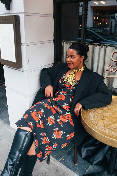 Combine a tailored blazer with a flower dress and high boots are perfect fall outfits women Combine a tailored blazer with a flower dress and high boots are perfect fall outfits women