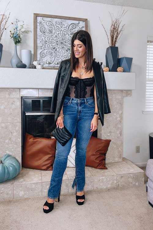 Fall outfits women consists of black leather jacket and denim pants