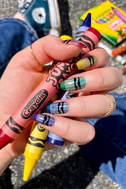 Coffin Glitter Colorful Crayon Nails