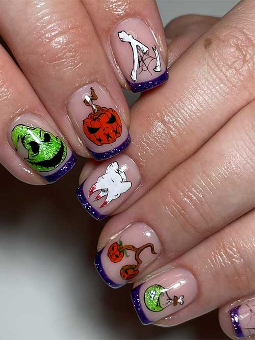 Glitter dark purple Halloween French tip nails with pumpkins, Oogie boogie, and cobwebs.