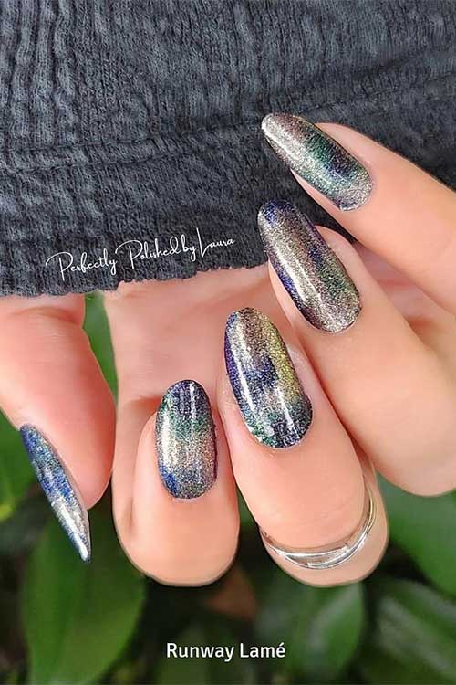 Long almond shaped Runway Lamé color street nails from Color Street Fall 2023 Collection