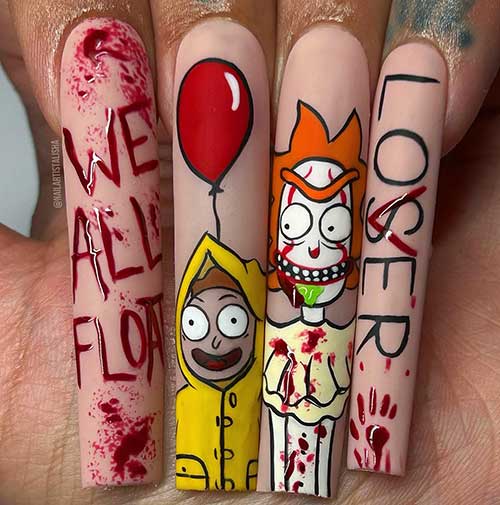 Long nude nails with scary IT characters and a red “WE ALL FLOAT MORTY” statement with blood splatters.
