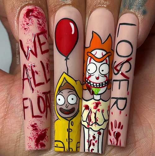 Long nude nails with scary IT characters and a red “WE ALL FLOAT MORTY” statement with blood splatters. Long nude nails with scary IT characters and a red “WE ALL FLOAT MORTY” statement with blood splatters.