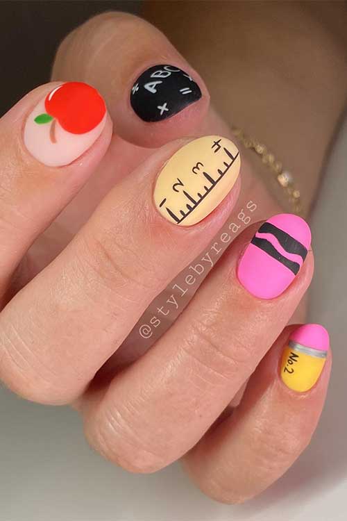 Short Fun Back to School Nails with different back-to-school nail art elements