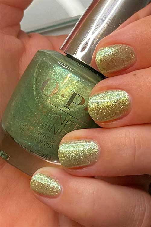 Short shimmer mint green nails using OPI Taurus-t Me from OPI Big Zodiac Energy Collection 2023